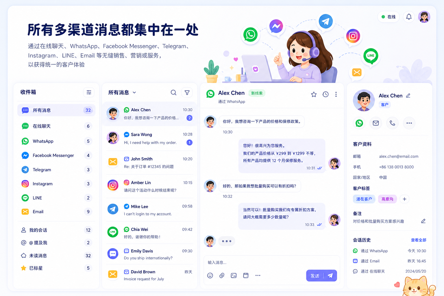 全渠道在线客服系统 — 统一管理多个社媒渠道